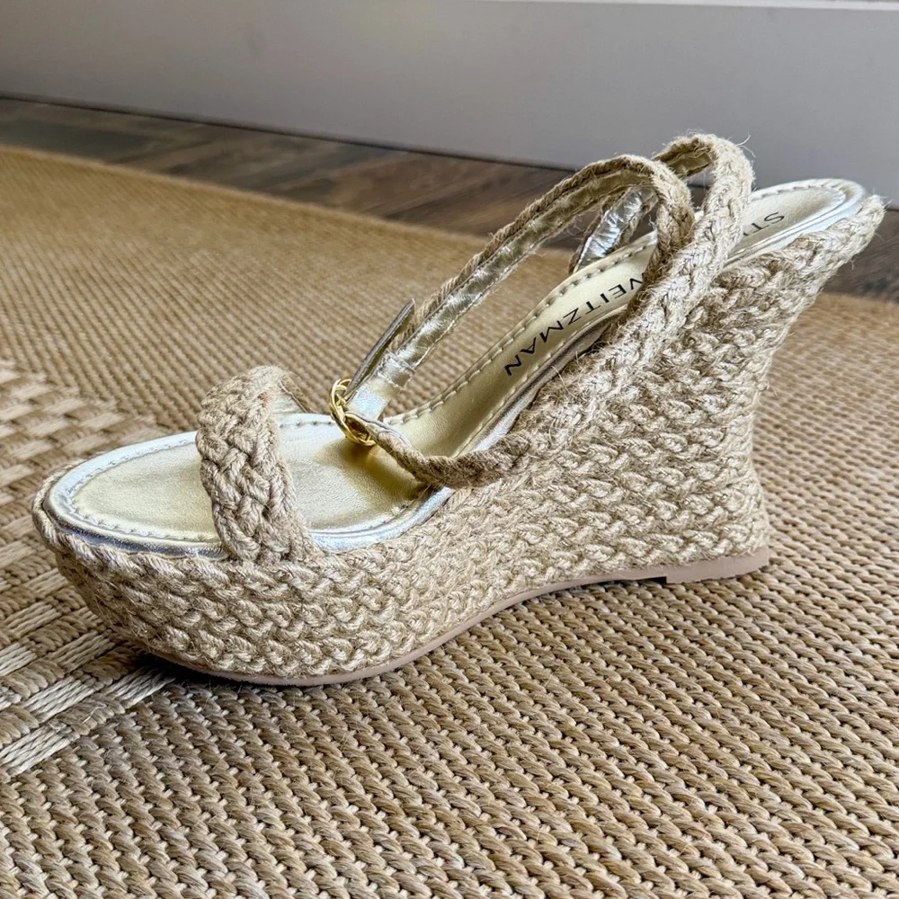 Stuart Weitzman Women’s Brada Strap Gold/Natural Espadrille Wedge Sandals—9.5
